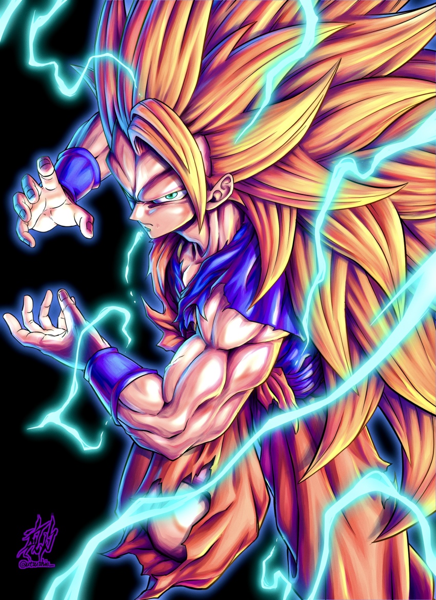 1boy absurdres blonde_hair closed_mouth dragon_ball dragon_ball_(classic) electricity electrokinesis fighting_stance fingernails green_eyes highres liedein long_hair male_focus muscular muscular_male orange_pants pants purple_shirt shirt signature solo son_goku spiked_hair super_saiyan super_saiyan_3 torn_clothes torn_sleeves very_long_hair