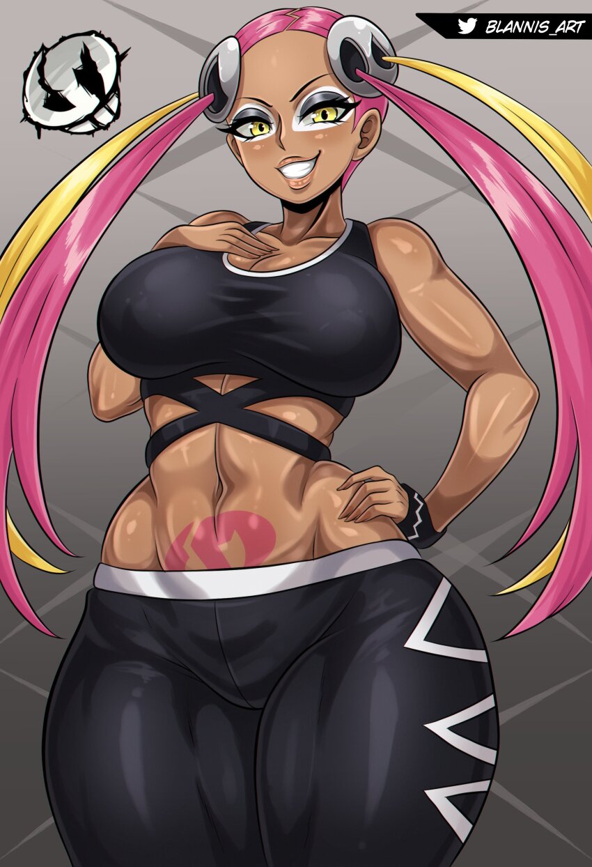 1girl artist_name black_eyeshadow black_pants black_sports_bra blannis blonde_hair breasts cleavage cowboy_shot creatures_(company) dark-skinned_female dark_skin eyebrows eyelashes eyeliner eyeshadow female_focus game_freak gradient_background grey_background grin hand_on_own_chest hand_on_own_hip large_breasts lips long_hair makeup midriff multicolored_hair nintendo pants pink_hair plumeria_(pokemon) pokemon pokemon_sm simple_background smile solo sports_bra stomach_tattoo tattoo teeth thick_thighs thighs toned toned_female twintails two-tone_hair wide_hips yellow_eyes