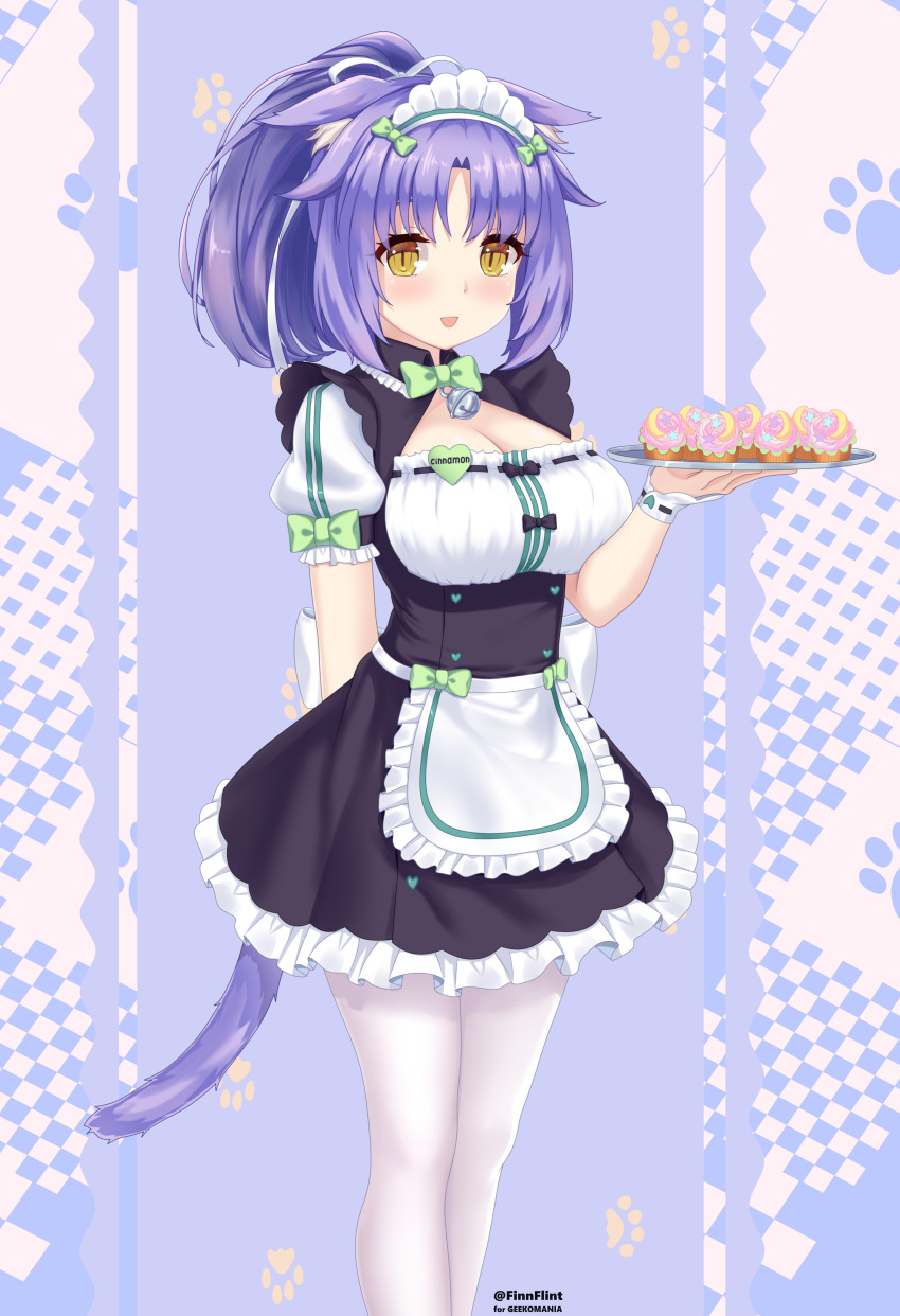 1girl :d absurdres animal_ear_fluff animal_ears apron arm_behind_back black_skirt blue_background blue_hair blush bow bowtie breasts buttons cat_ears cat_girl cat_tail character_name cinnamon_(nekopara) cleavage cleavage_cutout clothing_cutout commentary commission cupcake curvy dessert eyebrows_hidden_by_hair eyelashes finn_flint floppy_ears food frilled_apron frilled_skirt frills green_bow green_bowtie hair_bow hand_up happy heart heart_button highres holding holding_tray large_breasts long_hair looking_at_viewer maid maid_apron maid_headdress name_tag nekopara open_mouth pantyhose parted_bangs ponytail puffy_short_sleeves puffy_sleeves ribbon-trimmed_cuffs short_sleeves simple_background skirt sleeve_bow slit_pupils smile solo standing sweets tail tray waist_apron white_apron white_pantyhose white_wrist_cuffs wrist_cuffs yellow_eyes