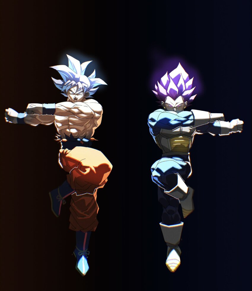 2boys armor blue_footwear boots dark_background dragon_ball dragon_ball_super fusion_dance gloves highres medium_hair multiple_boys muscular muscular_male orange_pants pants purple_eyes purple_hair son_goku spiked_hair standing standing_on_one_leg tkht_9315 topless ultra_ego_(dragon_ball) ultra_instinct vegeta white_eyes white_footwear white_gloves white_hair