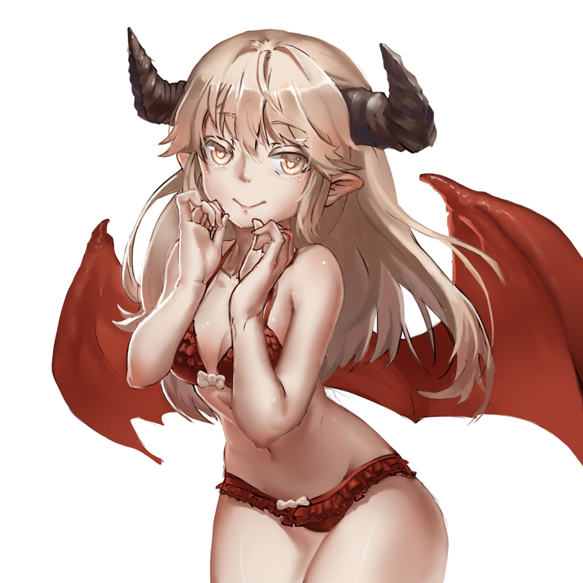 1girl bad_id bad_pixiv_id blonde_hair bow bow_bra bow_panties bra demon_girl demon_horns demon_wings female_focus frilled_bra frilled_panties frills ghostas heart heart-shaped_pupils highres horns long_hair looking_at_viewer mabinogi panties player_character_(mabinogi) red_bra red_panties red_wings smile solo succubus_(mabinogi) symbol-shaped_pupils underwear white_background wings yellow_eyes