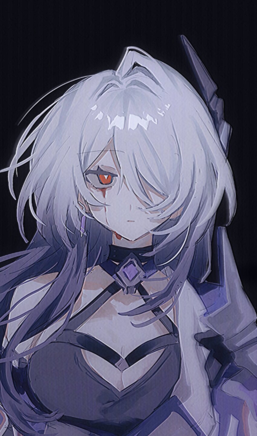 1girl acheron_(honkai:_star_rail) armor black_background black_choker blood bloody_tears breasts bright_pupils choker cleavage criss-cross_halter earrings gradient_hair hair_ornament hair_over_one_eye halterneck highres honkai:_star_rail honkai_(series) inagoinaire jewelry looking_at_viewer medium_breasts multicolored_hair portrait purple_hair red_eyes shoulder_armor simple_background single_bare_shoulder solo straight-on white_hair white_pupils