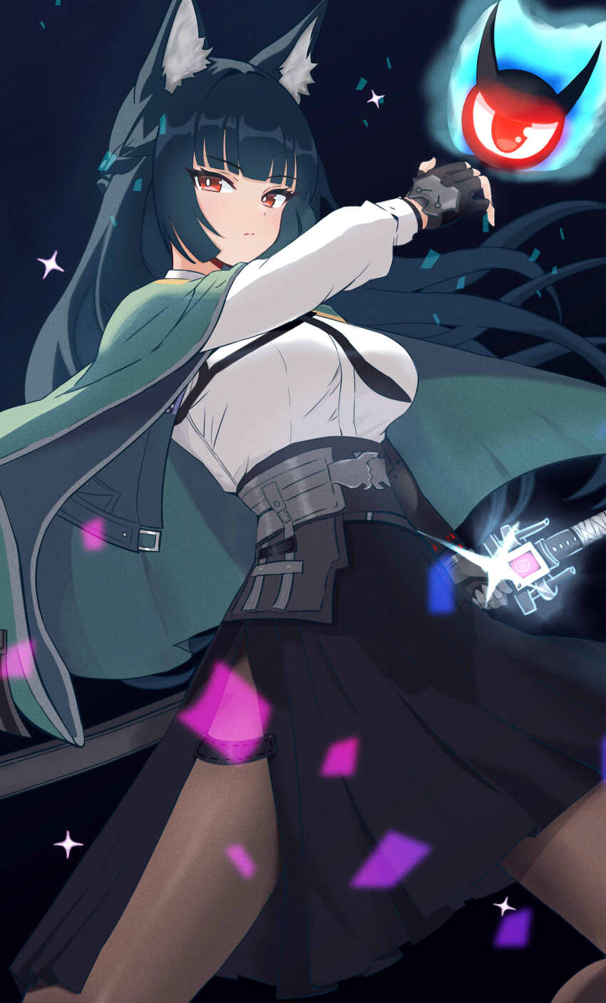 1girl absurdres animal_ear_fluff animal_ears black_gloves black_hair black_pantyhose black_skirt blunt_bangs breasts closed_mouth cowboy_shot dress_shirt fingerless_gloves fox_ears fox_girl gloves green_jacket high-waist_skirt highres holding holding_sword holding_weapon hoshimi_miyabi jacket katana kyoichi large_breasts long_hair looking_at_viewer pantyhose red_eyes serious shirt sidelocks skirt solo sparkle standing sword weapon white_shirt zenless_zone_zero