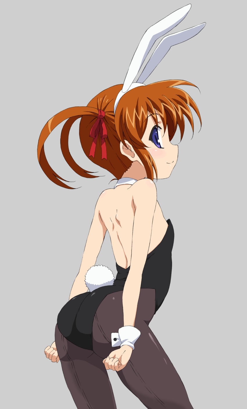 00s 1girl animal_ears ass back-seamed_legwear black_pantyhose blue_eyes brown_hair detached_collar fake_animal_ears female_focus from_behind highres leotard long_hair lyrical_nanoha mahou_shoujo_lyrical_nanoha md5_mismatch pantyhose playboy_bunny rabbit_ears rabbit_tail resolution_mismatch seamed_legwear simple_background solo source_smaller sunson tail takamachi_nanoha twintails wrist_cuffs