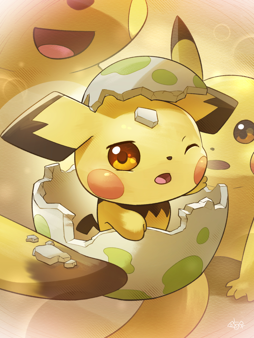 brown_eyes creatures_(company) egg eggshell game_freak gen_1_pokemon gen_2_pokemon hatching highres holding holding_egg looking_at_another nintendo no_humans one_eye_closed open_mouth pichu pikachu pokemon pokemon_(creature) raichu signature smile yamaori_(hakkentai_pokedan)