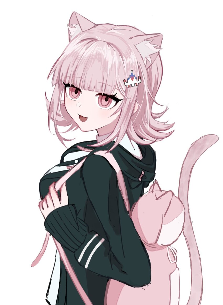 1girl :d animal_ears backpack bag black_jacket black_shirt blunt_bangs breasts cat_ears cat_tail danganronpa_(series) danganronpa_2:_goodbye_despair flipped_hair grey_background highres hood hood_down hooded_jacket jacket large_breasts long_sleeves medium_hair nanami_chiaki nia_(nya_nanjr) open_mouth pink_bag pink_eyes shirt simple_background smile solo spaceship_hair_ornament tail two-tone_shirt upper_body white_shirt