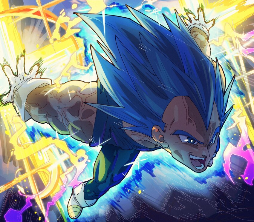 1boy aura blue_eyes blue_hair blue_jumpsuit dragon_ball dragon_ball_super emphasis_lines gloves highres jumpsuit male_focus muscular muscular_male open_mouth sleeveless spiked_hair super_saiyan super_saiyan_blue super_saiyan_blue_evolved taku_(aywakutakuay) teeth tight_clothes vegeta veins white_footwear white_gloves widow&#039;s_peak