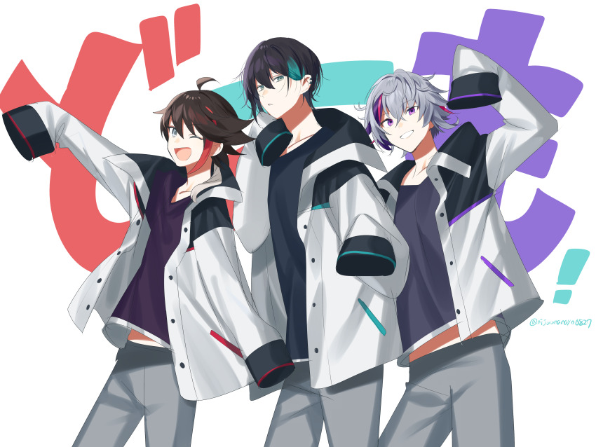 3boys ;d absurdres arm_up black_hair black_shirt blue_hair brown_hair collarbone cowboy_shot ear_piercing fuwa_minato green_eyes grey_eyes grey_hair grey_pants highres jacket long_sleeves looking_at_viewer male_focus mayuzumi_kai multicolored_hair multiple_boys nijisanji ninahachi one_eye_closed open_clothes open_jacket open_mouth pants parted_lips piercing purple_eyes purple_hair purple_shirt red_hair saegusa_akina shirt simple_background sleeves_past_fingers sleeves_past_wrists smile streaked_hair text_background translation_request twitter_username virtual_youtuber white_background white_jacket