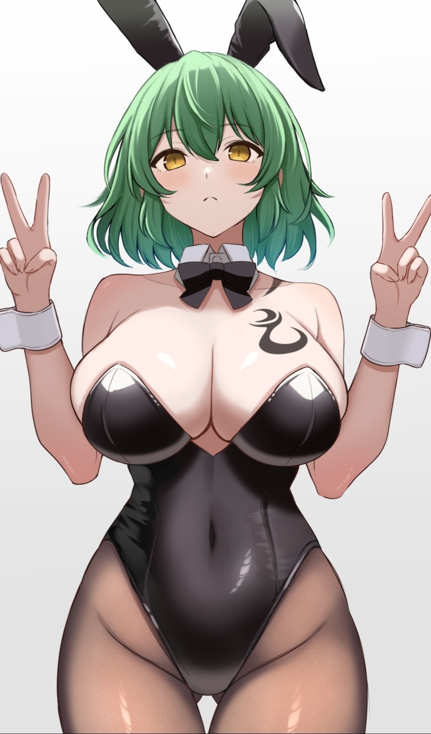 1girl animal_ears bare_shoulders black_leotard breast_tattoo breasts closed_mouth collarbone commentary covered_navel cowboy_shot detached_collar double_v frown gluteal_fold gradient_background green_hair grey_background hands_up highleg highleg_leotard highres hikage_(senran_kagura) large_breasts leotard looking_at_viewer medium_hair paid_reward_available pantyhose playboy_bunny rabbit_ears senran_kagura skindentation solo strapless strapless_leotard surippa1010 tattoo thigh_gap v white_background wrist_cuffs yellow_eyes