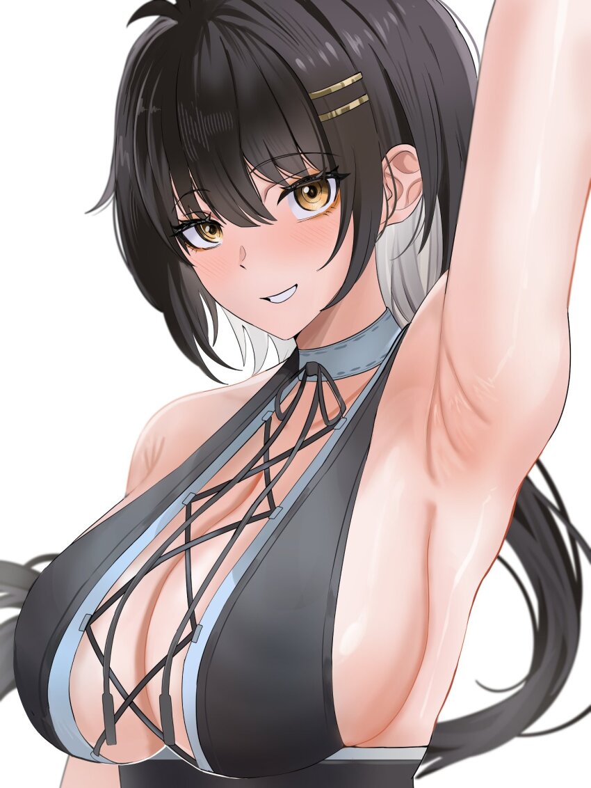 1girl arm_up armpits bare_shoulders black_dress black_hair breasts colored_inner_hair dress earrings female_rover_(wuthering_waves) hair_ornament hairclip highres io_troublemaker jewelry large_breasts long_hair looking_at_viewer multicolored_hair rover_(wuthering_waves) smile solo white_hair wuthering_waves yellow_eyes