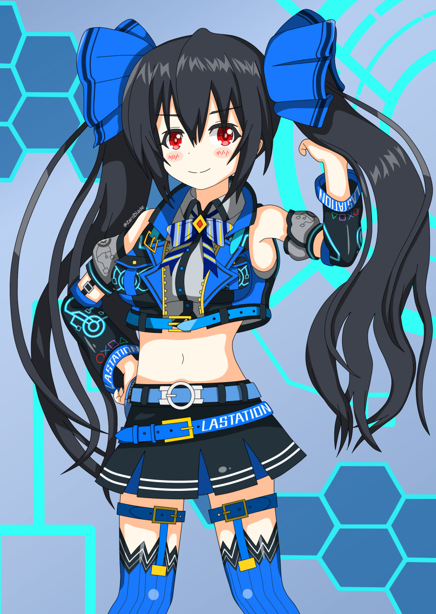 absurdres armpits bare_shoulders belt black_hair blue_background breasts buckle coat collar crop_top highres jacket leggings long_hair medium_breasts navel neptune_(series) noire_(neptunia) red_eyes ribbon skirt smile stomach thighhighs thighs tsundere twintails very_long_hair vest waistcoat zeroblade