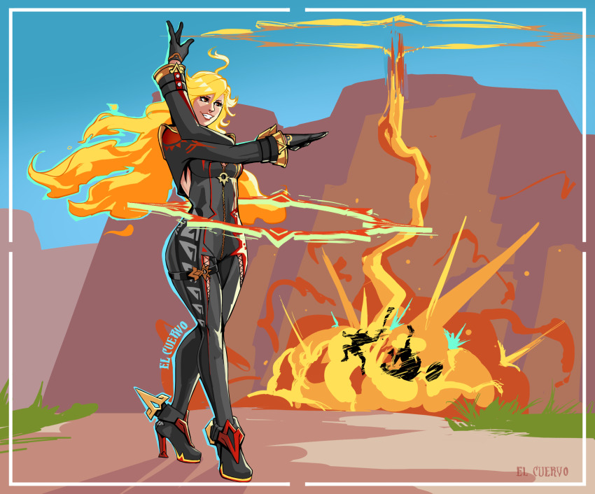 1girl biker_clothes black_bikesuit blonde_hair el_cuervo explosion fire genshin_impact high_heels long_hair mavuika_(genshin_impact) orange_hair watermark