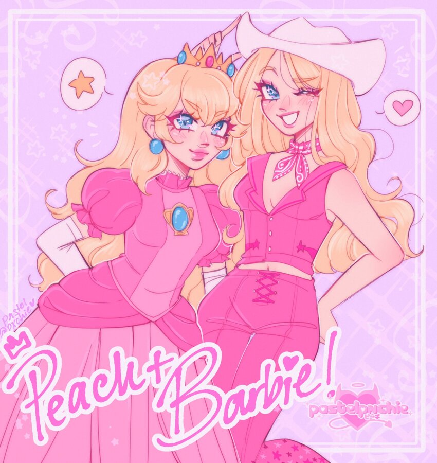 2girls barbie_(character) barbie_(franchise) barbie_(live_action) blonde_hair blue_eyes breasts cleavage color_connection commentary cowboy_hat crossover crown dress elbow_gloves english_commentary gem gloves grin hat highres long_hair looking_at_viewer mario_(series) midriff multiple_girls navel nintendo one_eye_closed pastelpxchie pink_dress pink_theme princess princess_peach smile white_gloves white_hat y2k_fashion