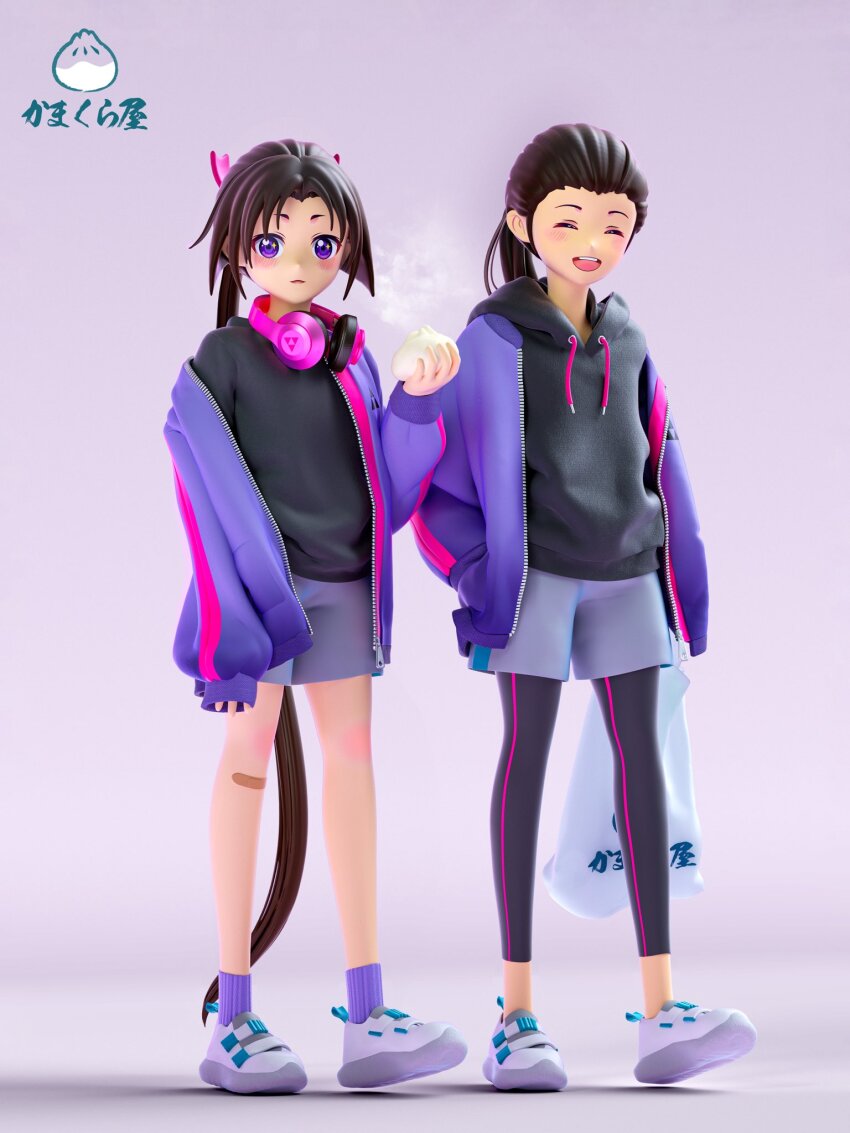 +_+ 2boys 3d :d ankle_socks bag bandaid baozi black_hair black_hoodie black_leggings black_shirt blue_shorts blush brothers casual closed_eyes contemporary drawstring food full_body grey_background hair_pulled_back hand_in_pocket headphones headphones_around_neck highres holding holding_bag holding_food hood hoodie houjou_kunitoki houjou_tokiyuki_(nige_jouzu_no_wakagimi) jacket leggings leggings_under_shorts long_hair looking_at_viewer mitsu_uroko motoyui multiple_boys nam_murui nige_jouzu_no_wakagimi open_mouth parted_bangs parted_lips pink_stripes plastic_bag ponytail purple_eyes purple_jacket purple_socks shadow shirt shorts siblings sidelocks_tied_back simple_background single_off_shoulder sleeves_past_wrists smile socks sparkle steam teeth upper_teeth_only very_long_hair walking white_sneakers zipper zipper_pull_tab