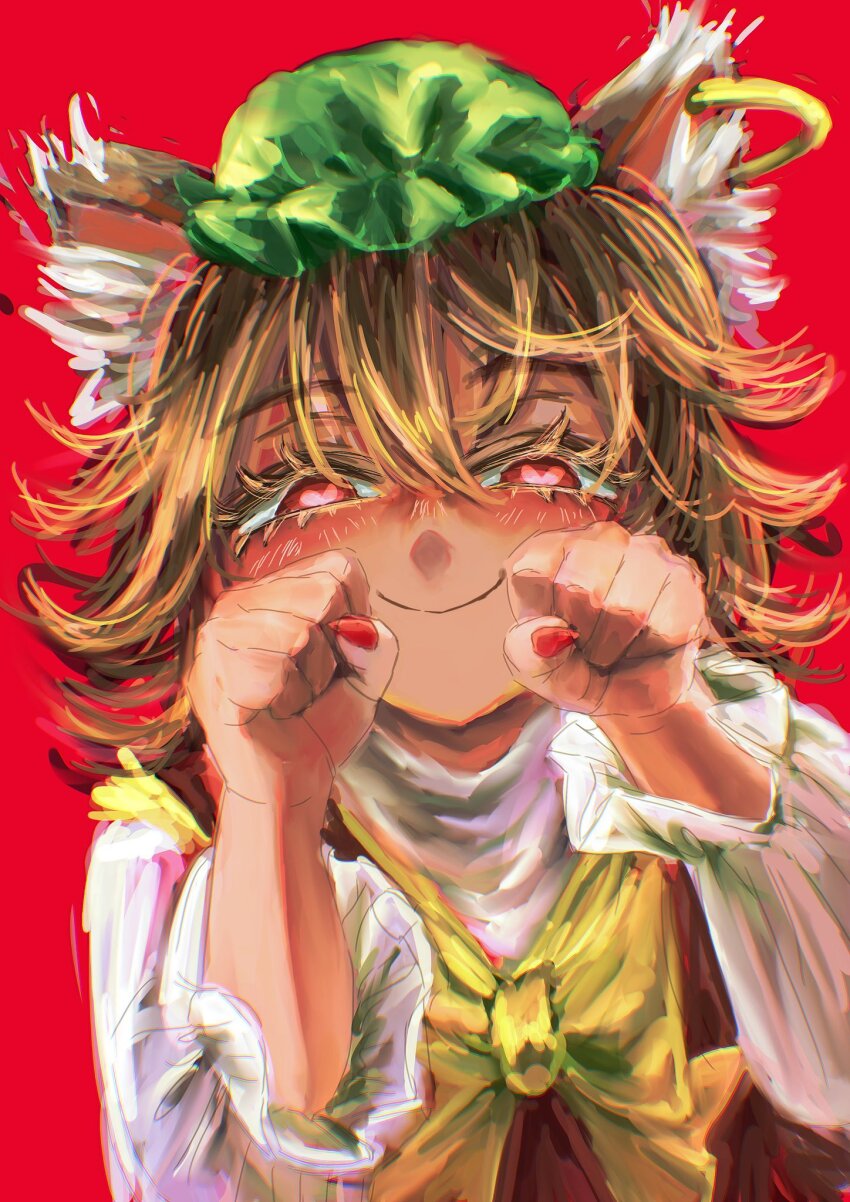 1girl animal_ear_fluff animal_ear_piercing animal_ears blush bow bowtie cat_ears chen closed_mouth commentary_request earrings fingernails frills hair_between_eyes half-closed_eyes hands_up hat heart heart-shaped_pupils highres jewelry long_sleeves looking_at_viewer messy_hair mob_cap nail_polish omaega_chan paw_pose red_background red_eyes red_nails red_vest sharp_fingernails simple_background single_earring smile solo symbol-shaped_pupils touhou upper_body vest yellow_bow yellow_bowtie