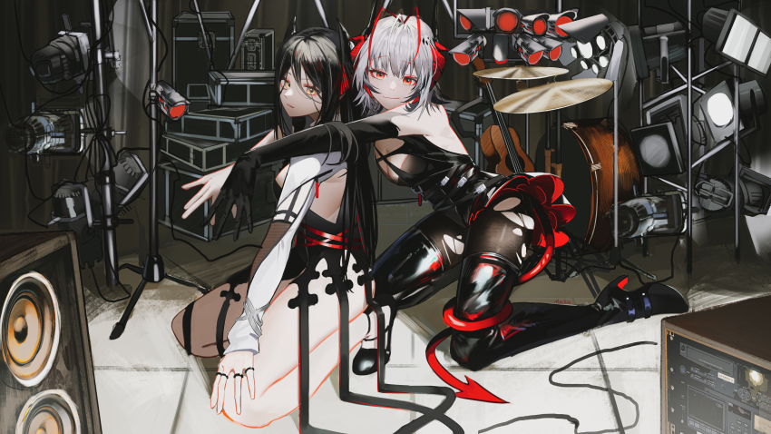 2girls absurdres antenna_hair arknights bare_legs belt belt_buckle black_belt black_dress black_footwear black_gloves black_hair black_pantyhose boots breasts buckle cable chinese_commentary cleavage closed_mouth commentary_request demon_horns demon_tail dress drum drum_set elbow_gloves fake_horns floodlights full_body gloves grey_hair hair_between_eyes hand_on_own_knee high_heel_boots high_heels highres horns hug hug_from_behind indoors ines_(arknights) instrument jewelry kneeling large_breasts long_hair looking_at_viewer mackia multicolored_hair multiple_girls multiple_rings on_floor pantyhose parted_lips red_eyes red_hair ring shoes short_dress short_hair single_glove sitting smile speaker streaked_hair tail thigh_boots torn_clothes torn_pantyhose very_long_hair w_(arknights) w_(wanted)_(arknights) white_sleeves yellow_eyes