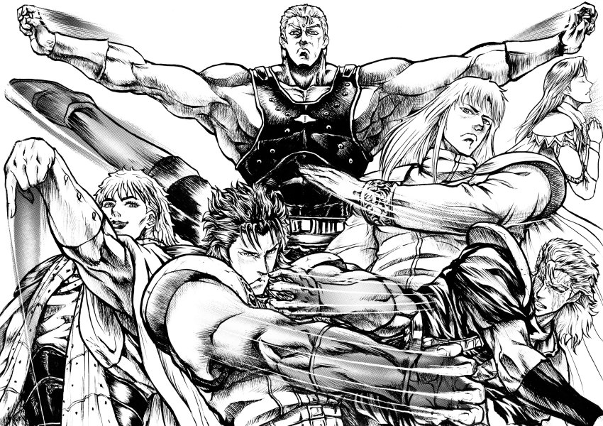 1girl 5boys greyscale highres hokuto_no_ken juda monochrome multiple_boys outstretched_arms rei_(hokuto_no_ken) shew shin_(hokuto_no_ken) shu_(hokuto_no_ken) souther sword-dream tenshou_juuji_ho yuda_(hokuto_no_ken) yuria_(hokuto_no_ken)