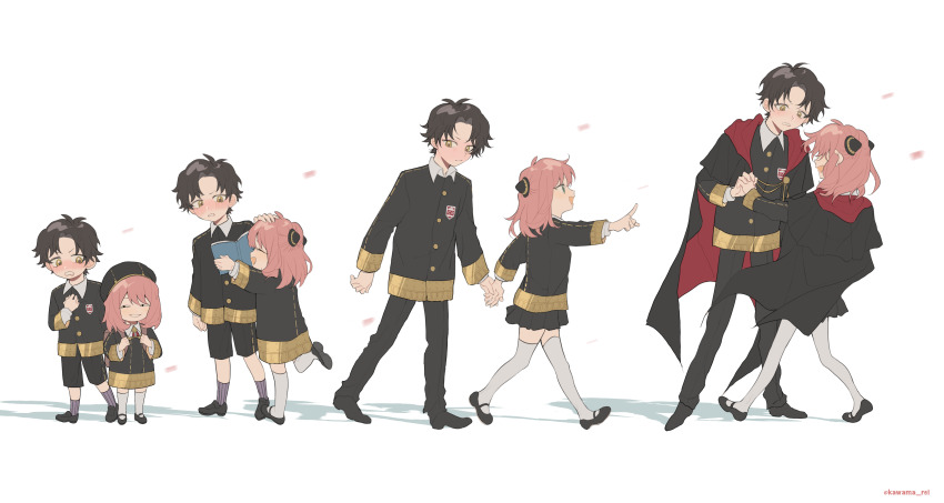 1boy 1girl absurdres age_progression aged_up anya&#039;s_heh_face_(meme) anya_(spy_x_family) black_hair blush book cape cherry_blossoms child damian_desmond eden_academy_school_uniform green_eyes hairpods hetero highres holding_hands kawama_rei long_sleeves medium_hair meme parted_bangs parted_lips pink_hair school_uniform simple_background spy_x_family thighhighs white_background yellow_eyes