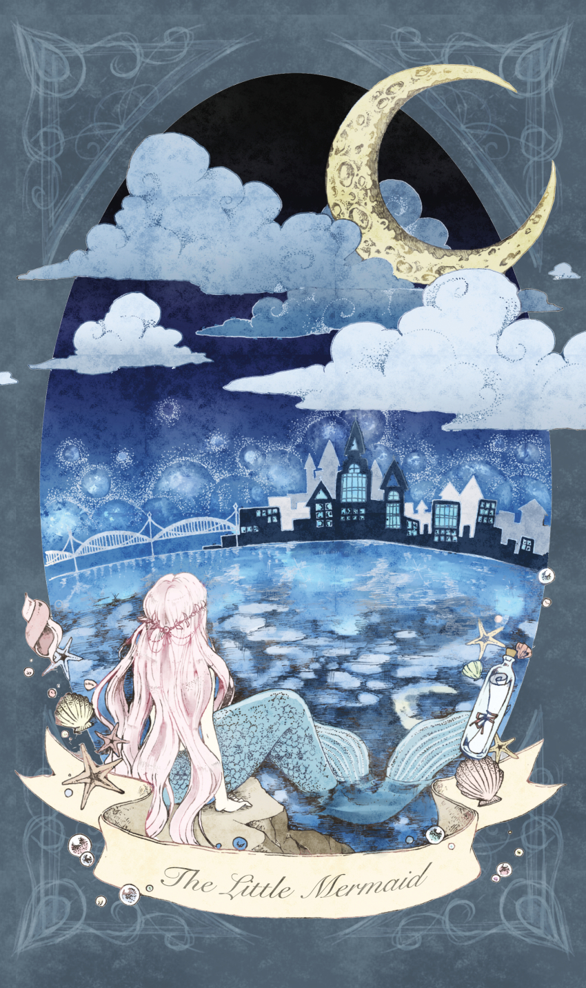 1girl absurdres arm_support bridge bubble cloud crescent_moon facing_away highres long_hair mashiro_musashi message_in_a_bottle moon night ocean seashell shell sitting skyline solo starfish the_little_mermaid very_long_hair water white_hair