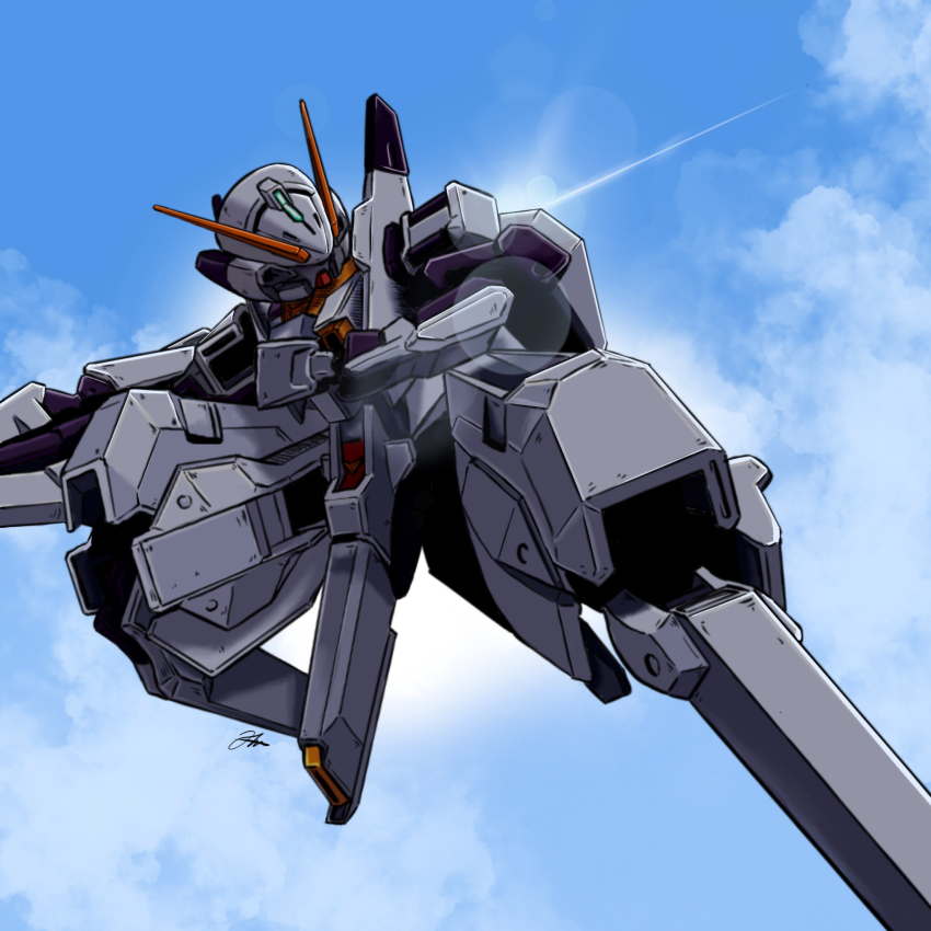 advance_of_zeta cloud flying gundam highres lens_flare machinery mecha mecha_focus mixed-language_commentary mobile_suit no_humans primate_nemesis robot science_fiction sun titans_(gundam) tr-6_woundwort