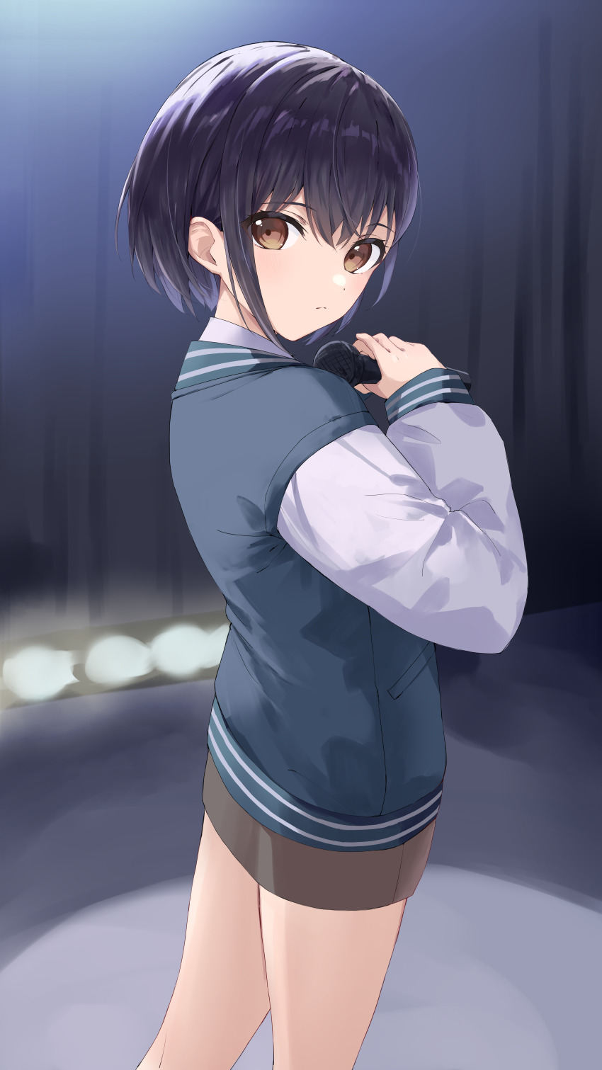 1girl absurdres bang_dream! bang_dream!_it&#039;s_mygo!!!!! black_hair brown_eyes brown_shorts closed_mouth commentary_request from_behind from_side hair_between_eyes highres holding holding_microphone indoors jacket legs letterman_jacket long_sleeves microphone short_hair shorts sidelocks solo standing takamatsu_tomori thighs yanagi_marie