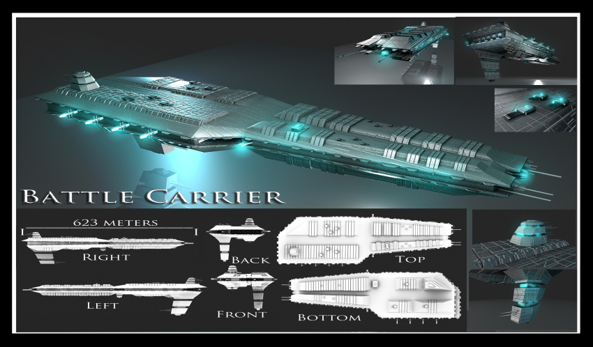 3d battlecruiser_(eve_online) black_border border caldari_state_(eve_online) cannon carrier character_sheet commentary concept_art davis--237834 eve_online glowing grey_background highres maya_(medium) military_vehicle multiple_views no_humans original photoshop_(medium) science_fiction spacecraft spaceship turret vehicle_focus