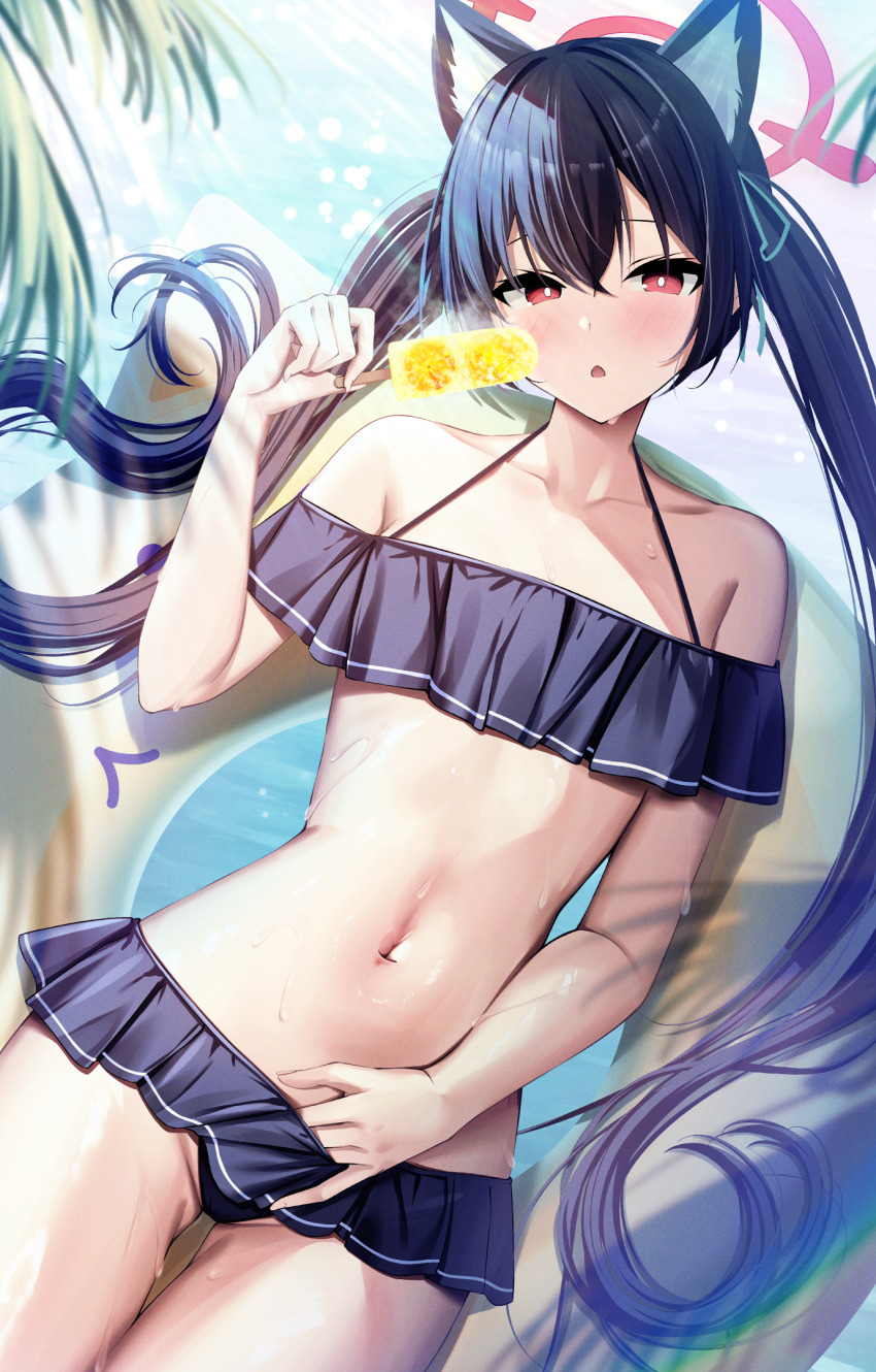 1girl animal_ears bikini black_bikini black_hair blue_archive blush cat_girl collarbone dutch_angle food hair_between_eyes halo highres holding holding_food holding_popsicle long_hair looking_at_viewer mutsumi_nemuru navel off-shoulder_bikini off_shoulder official_alternate_costume open_mouth popsicle red_eyes red_halo serika_(blue_archive) serika_(swimsuit)_(blue_archive) solo stomach swimsuit thighs twintails wet