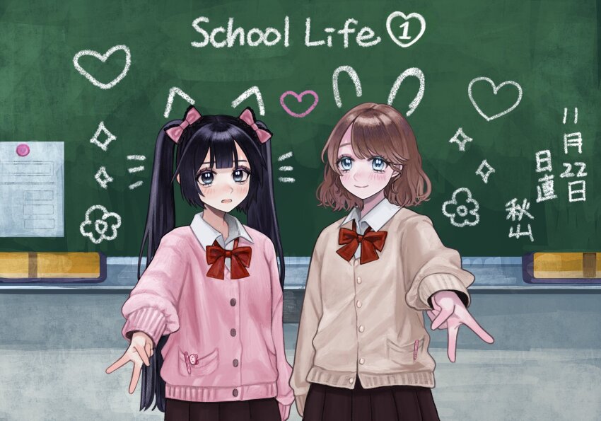 2girls animal_ears arm_behind_back black_eyes black_hair black_skirt blush bow brown_hair brown_sweater cat_ears chalkboard double-parted_bangs grey_eyes hair_bow highres jirai_kei looking_at_viewer medium_hair min_(mts2314) multiple_girls open_mouth original parted_bangs pink_bow pink_sweater rabbit_ears red_bow school_uniform shirt skirt smile sweater twintails v wavy_hair white_shirt