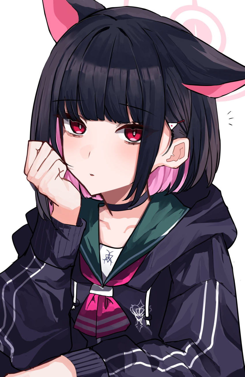 1girl animal_ears black_choker black_hair black_jacket black_serafuku blue_archive blunt_bangs bob_cut cat_ears choker clenched_hand collarbone colored_inner_hair commentary_request green_sailor_collar hair_intakes halo highres jacket kazusa_(blue_archive) looking_at_viewer maya_fa multicolored_hair neckerchief open_clothes open_jacket partial_commentary pink_eyes pink_halo pink_neckerchief sailor_collar school_uniform serafuku sidelocks simple_background solo two-tone_hair white_background