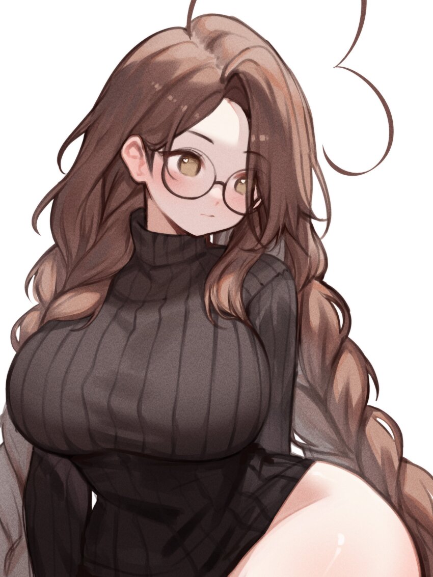 1girl absurdres ahoge braid breasts brown_eyes brown_hair cleavage glasses highres indie_virtual_youtuber large_breasts long_hair long_sleeves low_twin_braids messy_hair simple_background sky_above_me sky_above_me_(vtuber) solo twin_braids very_long_hair virtual_youtuber white_background wide_hips