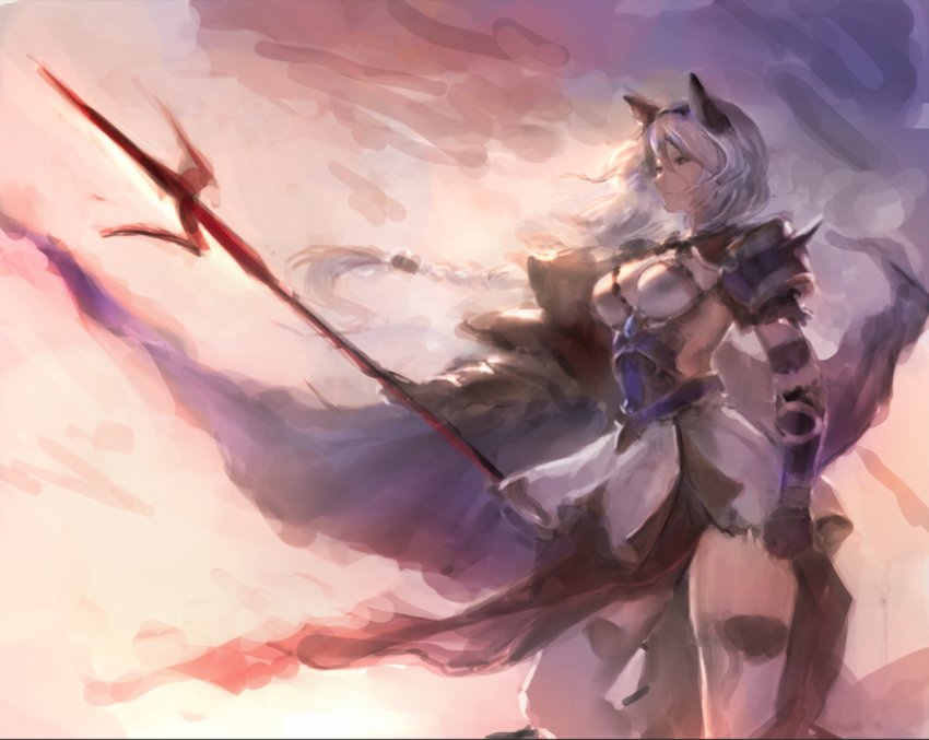 10s 1girl animal_ears bad_id bad_twitter_id brown_eyes cat_ears dress erune female_focus granblue_fantasy hairband heles highres holding holding_weapon long_hair matsuo_shogo polearm short_dress shoulder_pads silver_hair sky solo spear spikes thighhighs weapon white_thighhighs