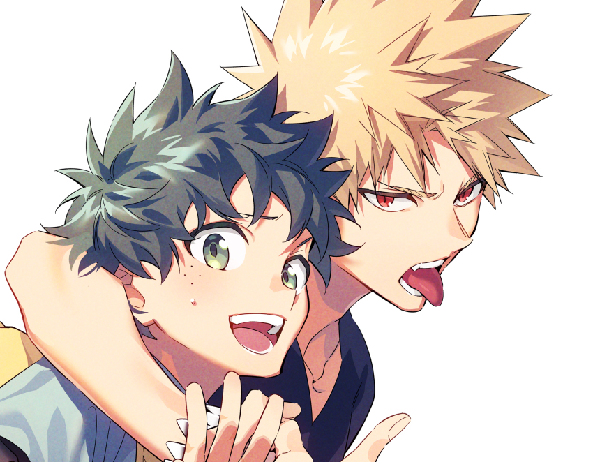 2boys arm_around_neck bakugou_katsuki black_shirt blonde_hair boku_no_hero_academia freckles green_eyes hegi highres looking_at_viewer male_focus midoriya_izuku multiple_boys open_mouth red_eyes shirt short_hair short_sleeves spiked_hair sweatdrop teeth tongue tongue_out upper_body v-neck