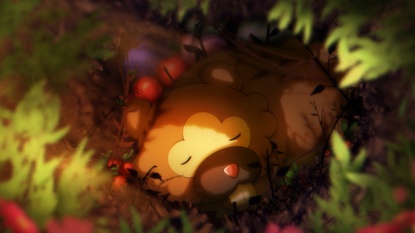 berry_(pokemon) bidoof branch creatures_(company) dappled_sunlight drawfag game_freak gen_4_pokemon nest nintendo oran_berry pokemon sleeping sunlight sunset tree_shade