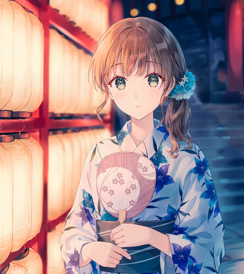 1girl bellflower blurry blurry_background brown_hair chinese_bellflower comiket_102 commentary_request depth_of_field floral_print floral_print_kimono flower grey_eyes hair_flower hair_ornament hand_fan highres hiten_(hitenkei) holding holding_fan japanese_clothes kimono lantern long_hair long_sleeves looking_at_viewer night obi original outdoors paper_fan paper_lantern parted_lips print_kimono sash sidelocks solo stairs standing stone_stairs uchiwa upper_body white_flower white_kimono wide_sleeves yukata