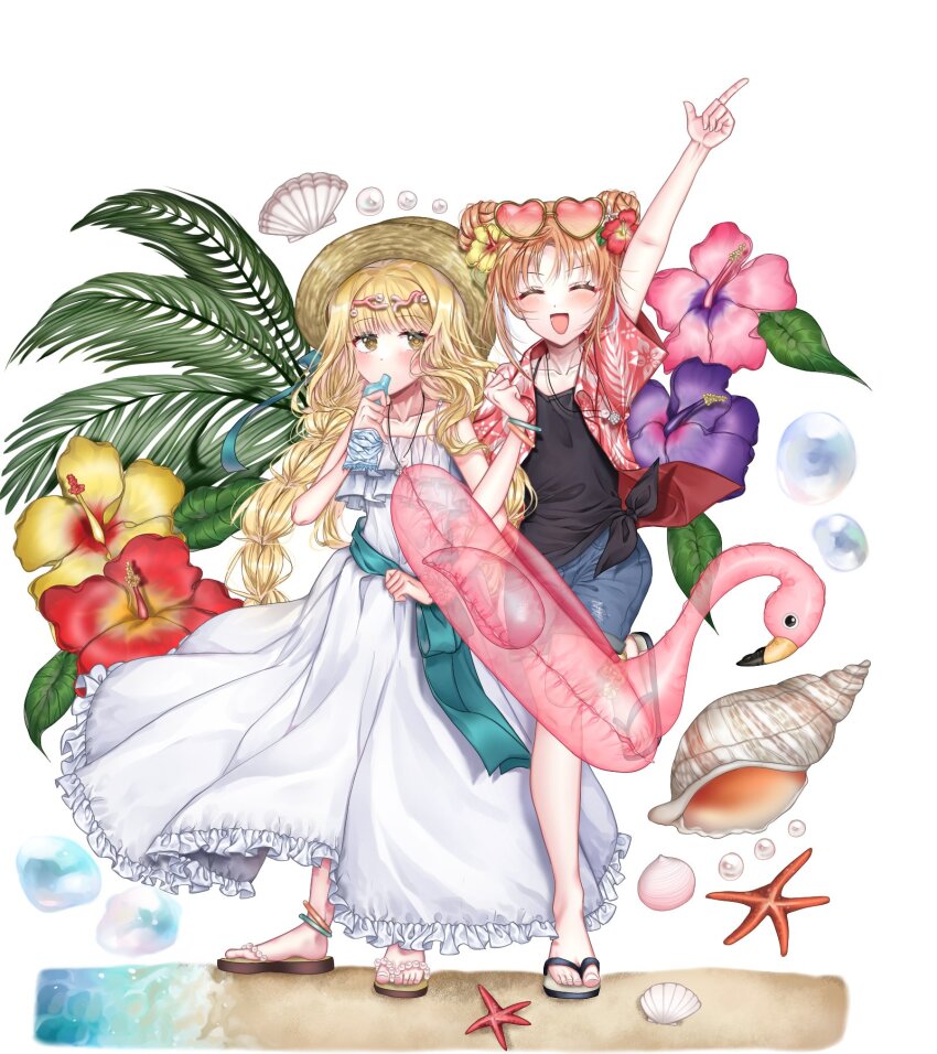 2girls ^_^ angnokmik_k2 arm_up blonde_hair bracelet closed_eyes commentary_request dress eyewear_on_head flower full_body hat hibiscus highres innertube jewelry korean_commentary locked_arms long_dress long_hair mashiro_rima multiple_girls sandals seashell shell shorts shugo_chara! smile straw_hat swim_ring twintails white_dress yellow_eyes yuiki_yaya