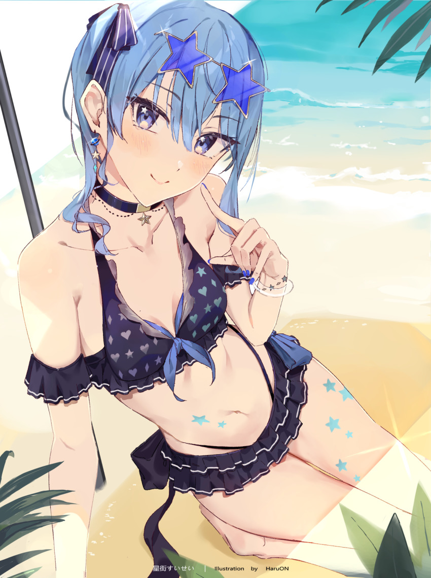 1girl bad_id bad_pixiv_id beach bikini blue_bikini blue_eyes blue_hair blue_nails breasts choker haru_on head_tilt highleg highleg_bikini highres hololive hoshimachi_suisei layered_bikini mole mole_on_breast nail_polish navel small_breasts solo star-shaped_eyewear star_(symbol) star_choker star_tattoo stomach swimsuit tattoo thighs virtual_youtuber