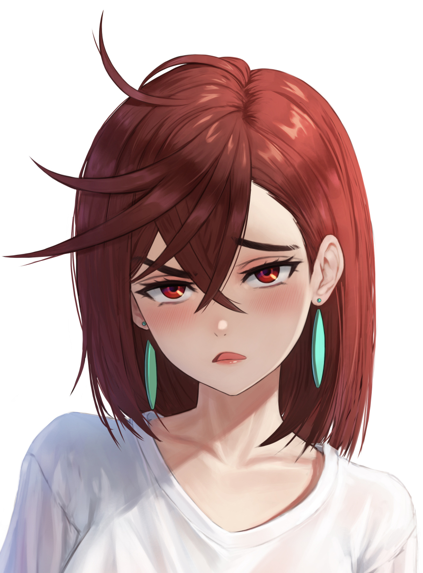 1girl absurdres ayase_momo blush brown_hair collarbone dandadan earrings eruthu hair_behind_ear hair_between_eyes hashtag-only_commentary highres jewelry looking_at_viewer medium_hair messy_hair open_mouth red_eyes shirt solo thick_eyebrows upper_body white_background white_shirt