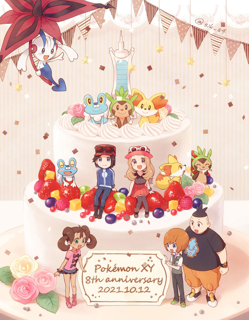 2girls 3boys anniversary berry black_hair boots brown_footwear brown_hair cake calem_(pokemon) character_print chespin closed_mouth collared_shirt commentary_request confetti copyright_name creatures_(company) dated eyelashes eyewear_on_headwear fennekin floette floette_(eternal) flower food froakie fruit game_freak gen_5_pokemon gen_6_pokemon green_eyes green_footwear grey_eyes hat highres jacket leaf long_hair multiple_boys multiple_girls nintendo orange_pants pants pink_flower pink_footwear pink_shirt pleated_skirt pokemon pokemon_(creature) pokemon_xy red_headwear red_skirt serena_(pokemon) shauna_(pokemon) shirt shoes short_hair short_shorts short_sleeves shorts sitting skirt sleeveless sleeveless_shirt smile standing strawberry sunglasses t-shirt thighhighs tierno_(pokemon) trevor_(pokemon) twintails vanillite vest white_shirt yairo_(sik_s4) yellow_flower