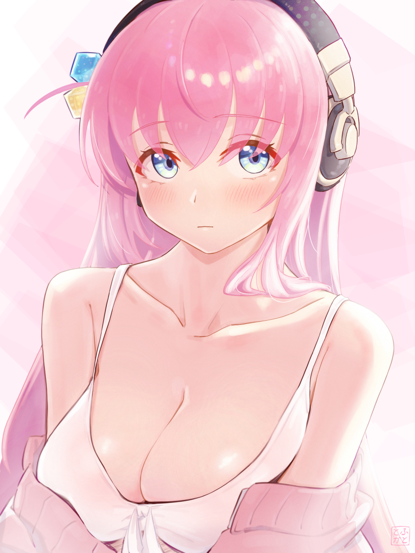 1girl absurdres blue_eyes bocchi_the_rock! breasts cleavage commentary cube_hair_ornament expressionless gotoh_hitori hair_ornament headphones highres jacket large_breasts long_hair looking_at_viewer off_shoulder pink_hair pink_jacket shirt solo tied_shirt tororo_kafka upper_body white_shirt