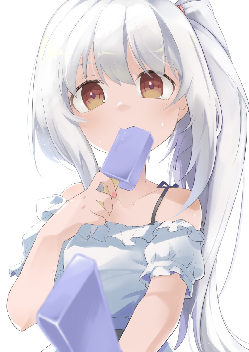 bare_shoulders collarbone detached_sleeves dress eating facing_viewer food food_in_mouth foxxre frilled_dress frills highres holding holding_food kannagiri_nagamitsu_(tenka_hyakken) long_hair popsicle popsicle_in_mouth pov purple_eyes sharing_food side_ponytail tenka_hyakken white_dress white_hair