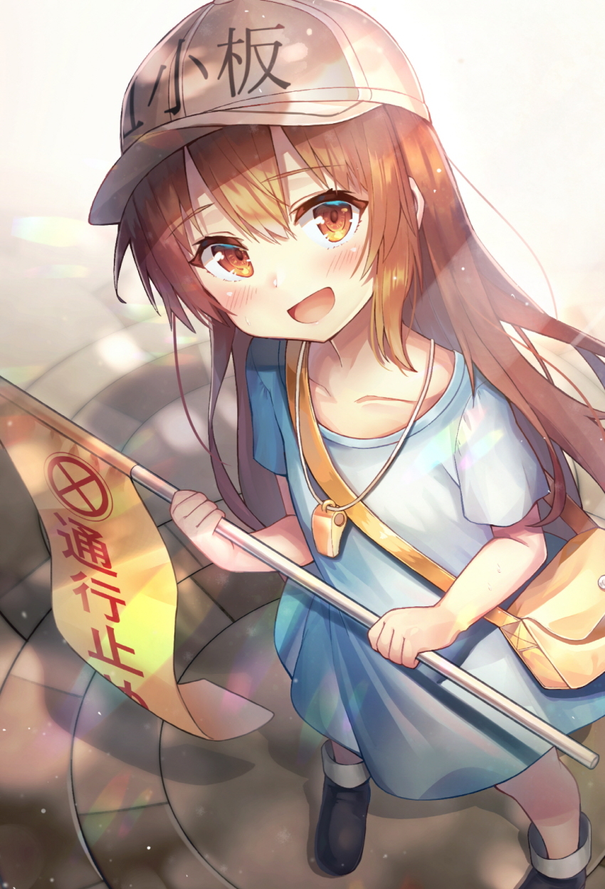 10s 1girl black_footwear blue_shirt boots brown_eyes brown_hair female_focus flag from_above hat hataraku_saibou highres kyubi_(99b_1226) long_hair looking_up open_mouth platelet_(hataraku_saibou) shirt smile solo whistle