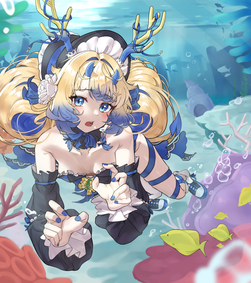 1girl absurdres bare_shoulders blonde_hair blue_eyes blue_hair breasts commission detached_collar detached_sleeves freediving highres horns kim_boki leg_ribbon long_hair long_sleeves looking_at_viewer multicolored_hair open_mouth original ribbon skindentation small_breasts solo two-tone_hair underwater very_long_hair