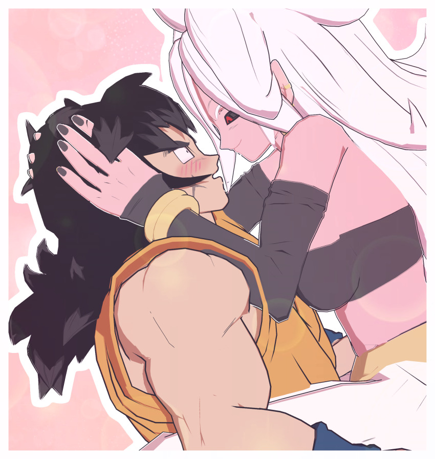 3d android_21 black_hair blush colored_skin dragon_ball dragonball_z hand_on_another&#039;s_head highres holding long_hair majin_android_21 mikumikudance_(medium) pink_skin red_eyes smile white_hair yamcha