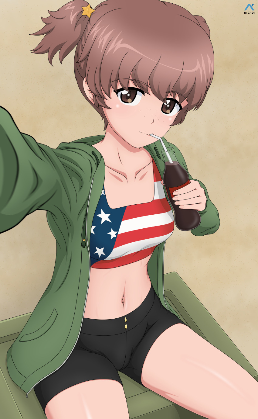 1girl absurdres acrux alisa_(girls_und_panzer) american_flag american_flag_print artist_logo black_shorts bottle brown_eyes brown_hair casual commentary dated drinking drinking_straw flag_print foreshortening freckles girls_und_panzer green_hoodie hair_ornament highres holding holding_bottle hood hood_down hoodie logo looking_at_viewer open_clothes open_hoodie open_mouth print_sports_bra selfie short_hair short_shorts short_twintails shorts sitting smile soda soda_bottle solo star_(symbol) star_hair_ornament twintails