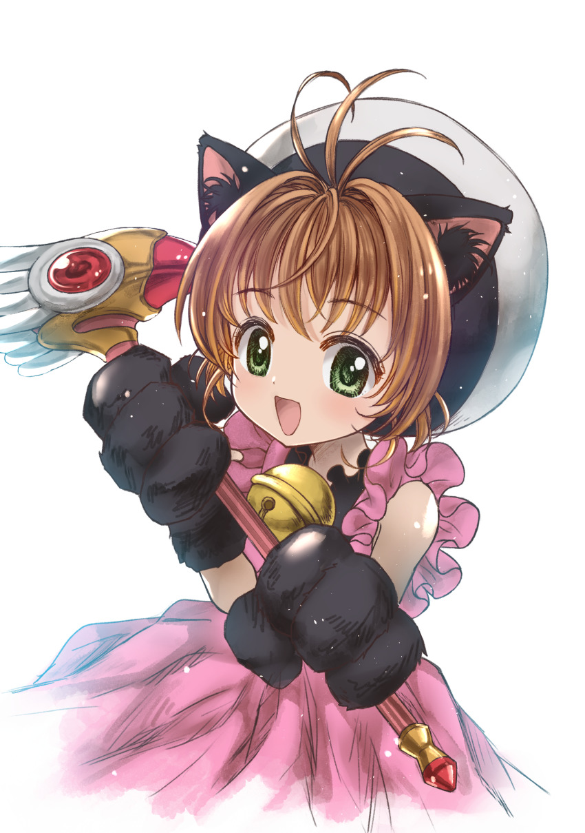 1girl :d absurdres animal_ears animal_hands antenna_hair bell brown_hair cardcaptor_sakura cat_ears cat_paws dress fuuin_no_tsue green_eyes hat highres jingle_bell kinomoto_sakura looking_at_viewer misekiss open_mouth pink_dress short_hair smile solo wand white_background white_hat