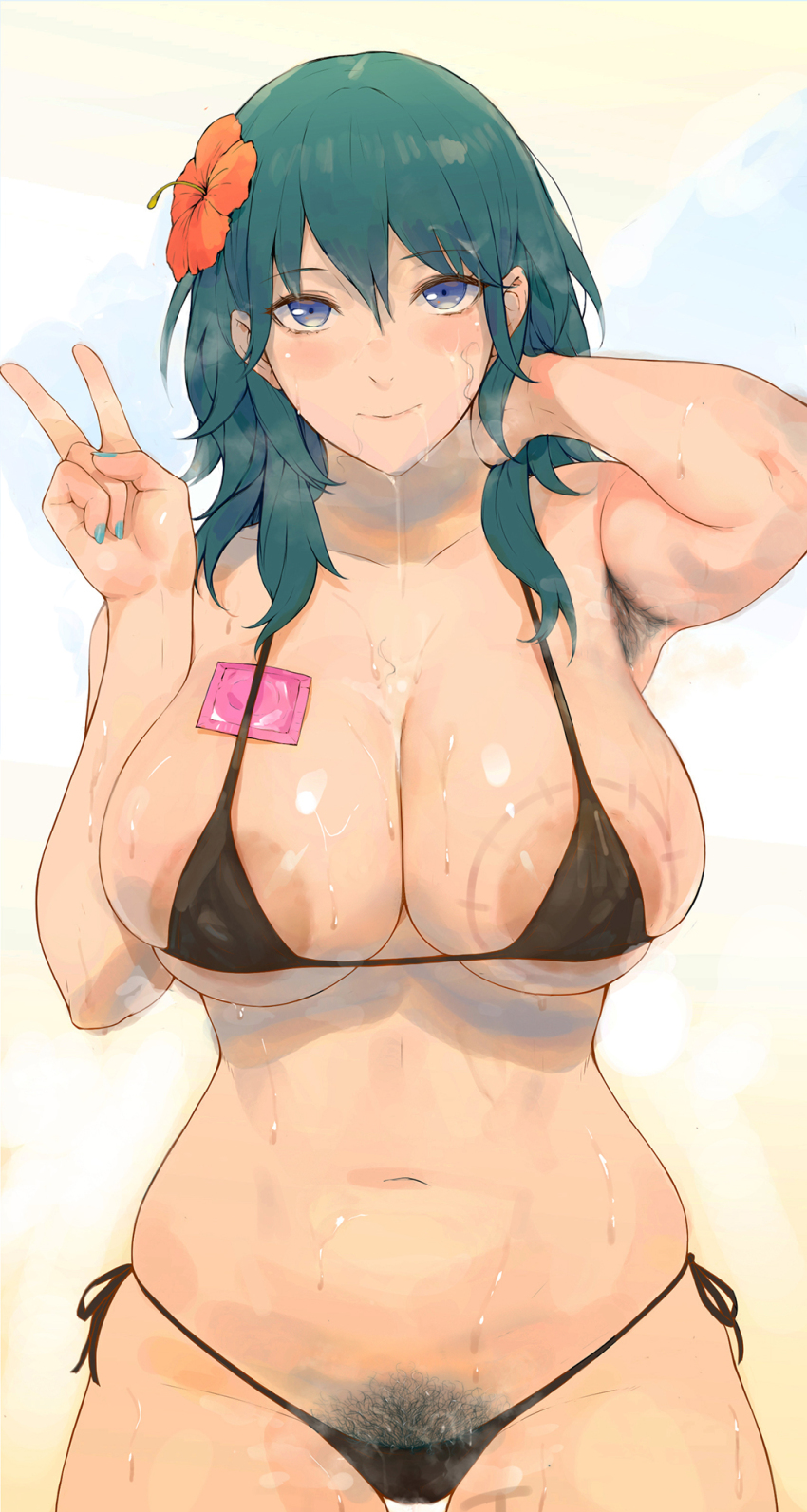 1girl alternate_costume aqua_nails areola_slip armpit_hair armpits bare_shoulders bikini black_bikini blue_eyes blue_hair blush body_writing breasts byleth_(female)_(fire_emblem) byleth_(fire_emblem) cleavage collarbone condom condom_wrapper female_focus female_pubic_hair fingernails fire_emblem fire_emblem:_three_houses flower hair_flower hair_ornament highres large_breasts laserflip looking_at_viewer medium_hair nail_polish navel nintendo pubic_hair sidelocks smile solo sweat swimsuit tan thighs v