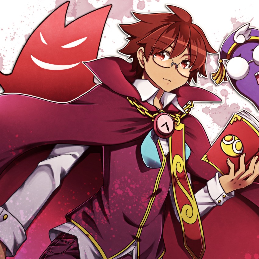 1boy :t aya_(terrainakka) ayane_wakana bad_id bad_pixiv_id book cape chain clock glasses highres klug_(puyopuyo) klug_(puyopuyo) madou_monogatari male_focus messy_hair puyopuyo puyopuyo_fever red_eyes red_hair solo strange_klug