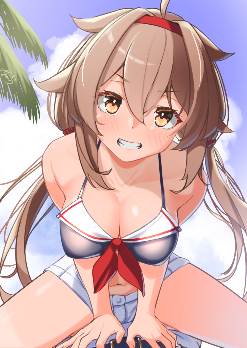 1girl adapted_costume ayuman bikini black_bikini blue_sky breasts brown_eyes brown_hair cleavage cloud cowboy_shot day grin hair_flaps hairband highres kantai_collection large_breasts long_hair looking_at_viewer official_alternate_costume outdoors palm_tree red_hairband shiratsuyu_(kancolle) shiratsuyu_(swimsuit)_(kancolle) shiratsuyu_kai_ni_(kancolle) shorts sky smile solo straddling swimsuit tree white_shorts