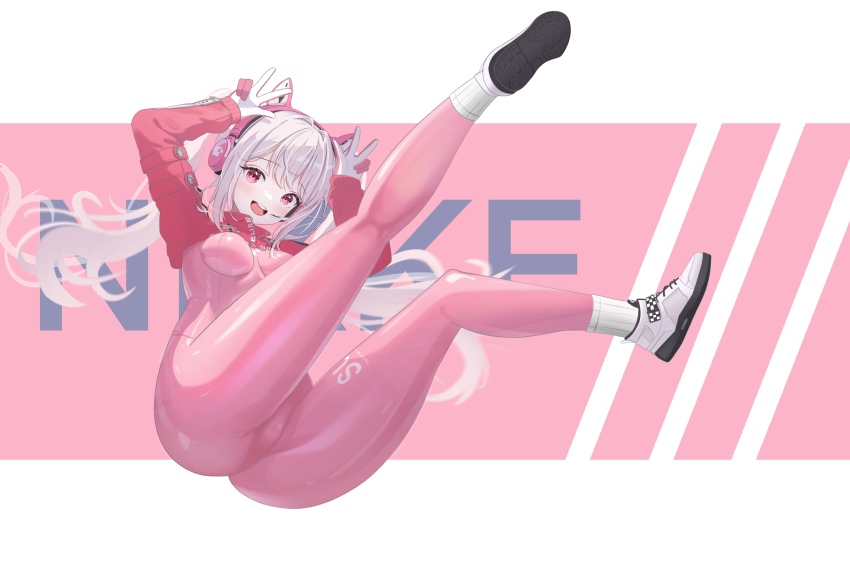 1girl @_._@_(kjjw2272) absurdres alice_(nikke) animal_ear_headphones animal_ears ass back blush bodysuit breasts cropped_jacket double_v fake_animal_ears from_below gloves goddess_of_victory:_nikke grey_hair headphones highres impossible_bodysuit impossible_clothes jacket latex latex_bodysuit long_hair looking_at_viewer medium_breasts multicolored_clothes multicolored_gloves open_mouth pink_bodysuit pink_eyes pink_gloves pink_headphones red_jacket shoes shrug_(clothing) sidelocks skin_tight sneakers solo twintails two-tone_gloves v white_footwear white_gloves