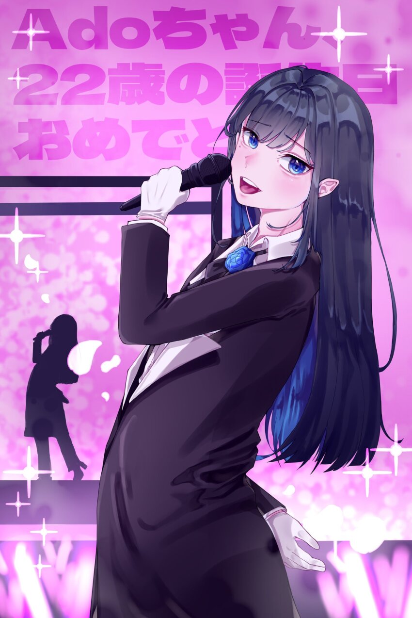 1girl ado_(utaite) ado_box anon_(an_one_12) black_bow black_bowtie black_coat black_hair blue_eyes blue_flower blue_hair blue_rose bow bowtie chando_(ado) coat collared_shirt colored_inner_hair commentary flower gloves glowstick happy_birthday highres holding holding_microphone long_sleeves looking_at_viewer microphone mole mole_under_eye multicolored_hair open_mouth penlight_(glowstick) rose shirt teeth translated upper_teeth_only utaite white_gloves white_shirt